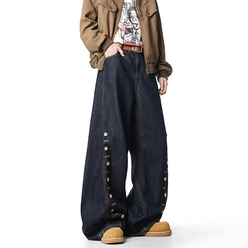 

Осень и зима, новый дизайн на пуговицах, джинсы, модные свободные широкие брюки, корейская версия, прямые брюки, синие мужские джинсы в стиле ретро