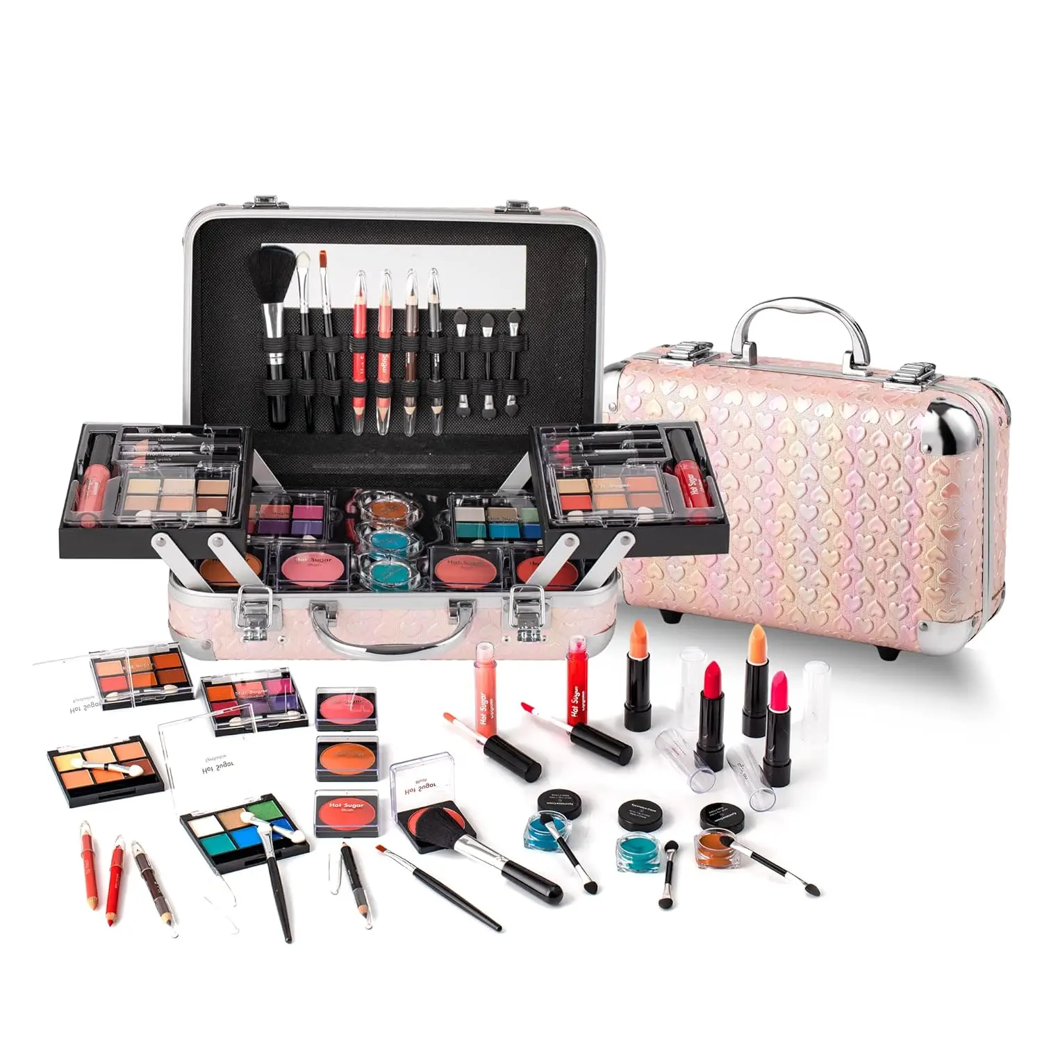Complete All-in-One Makeup Kit for Beginners - Includes Eye Shadow, Blush, Lip Gloss, Brushes & Mirror in Pink Heart Design