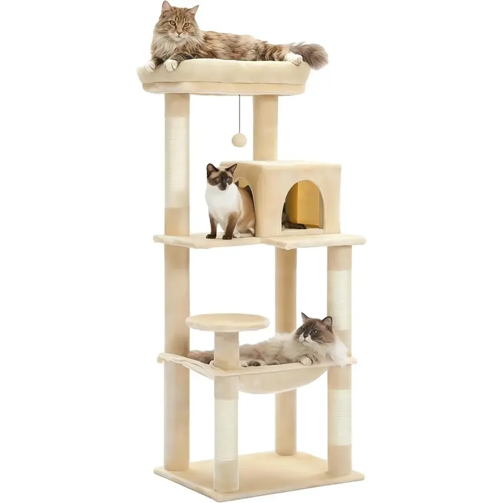 Large Metal Plush Cat Tree with 2-Door Condo, 6-Tier Shelves, Scratching Posts, and Top Perch, Beige