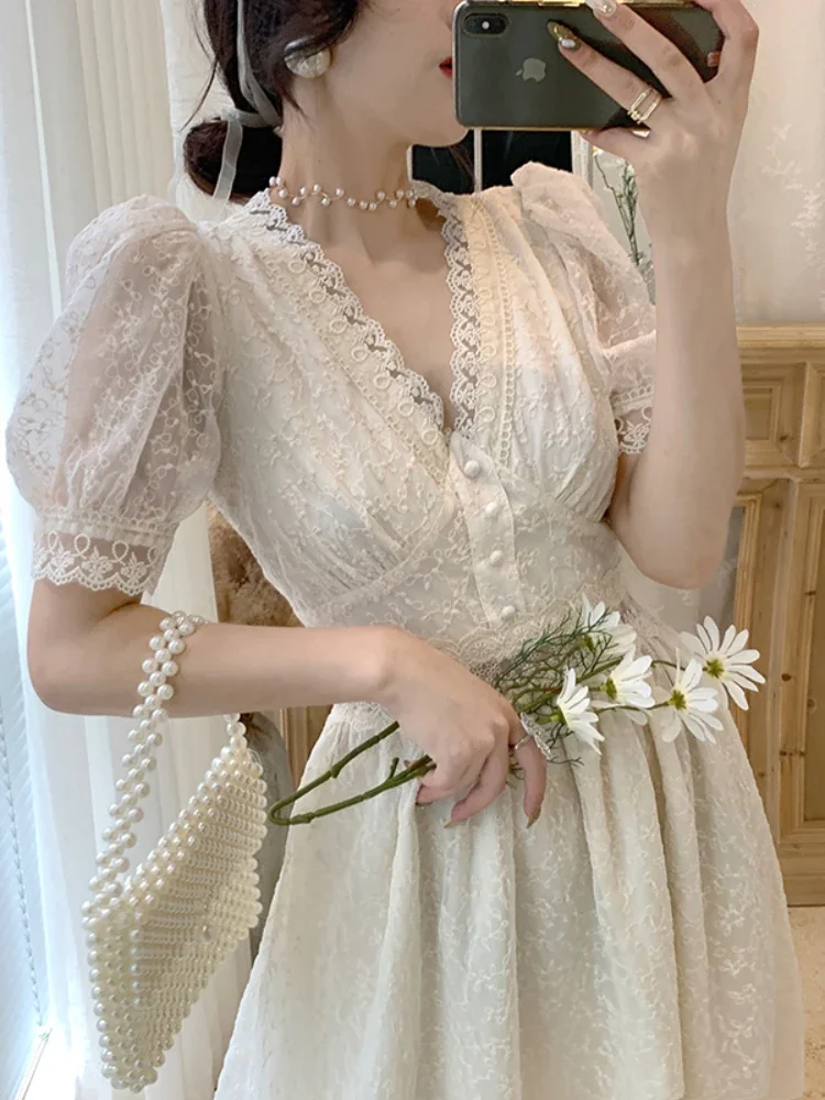 

2023 Summer Elegant Lace Fairy Dresses Women Embroidery Mesh Sweet Party Long Dress Female Elegant Korean Lolita Princess Dress