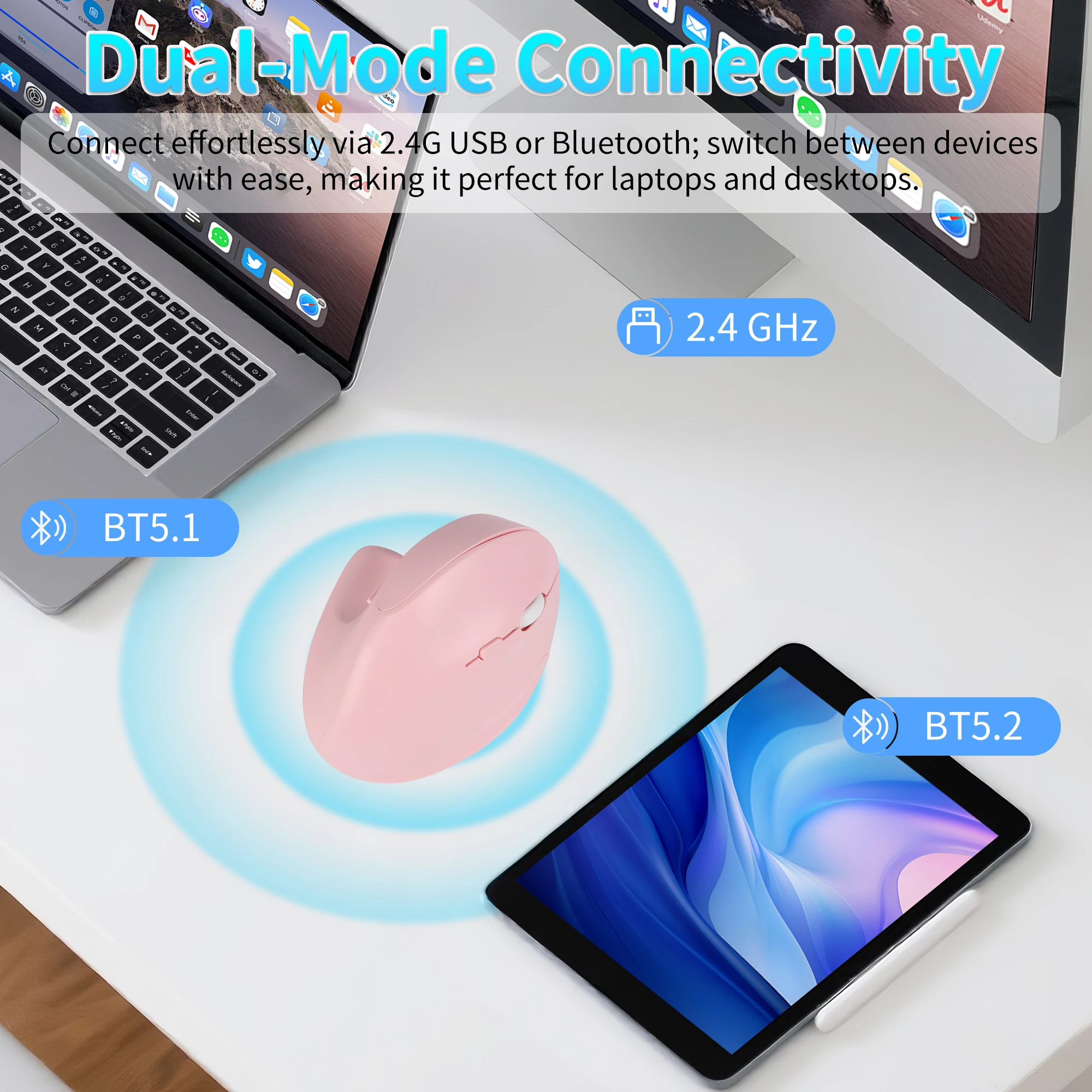 

Wireless Vertical Mouse 2.4G Bluetooth Dual Mode Connectivity 1600 DPI Rechargeable Silent Ergonomics Mouse For Laptop Desktop