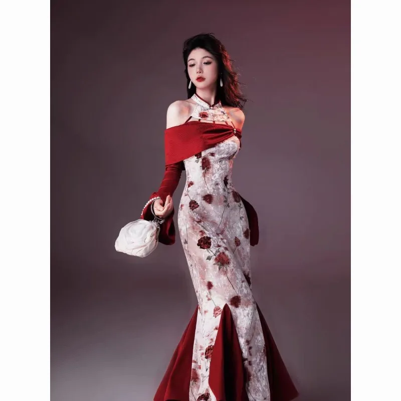 

Original Design Sense Velvet Rose Print Fishtail Improved Cheongsam One-shoulder New Chinese-style Autumn and Winter Dress Long
