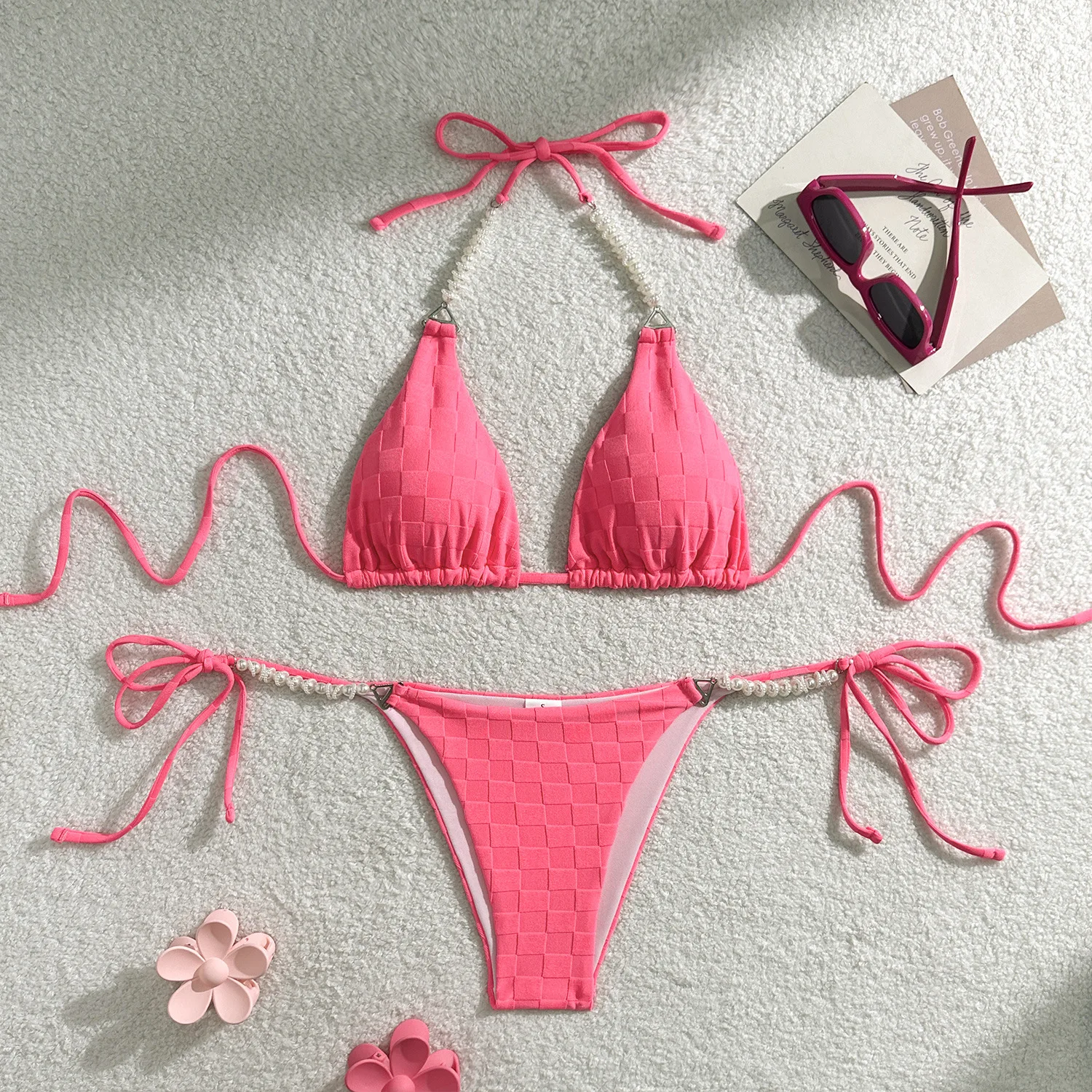 Nieuwe dambord handdoek doek parelkoord sexy kleine frisse bikini