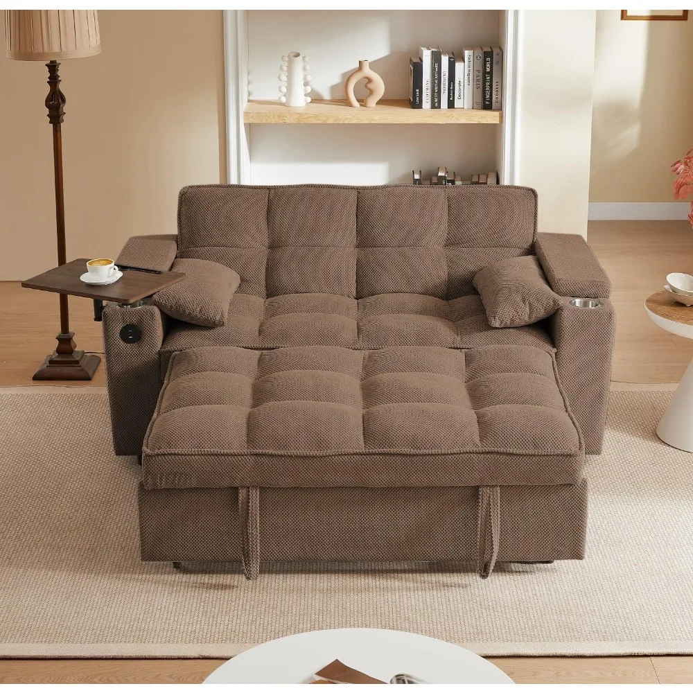 

Large Size Convertible Sleeper Sofa Bed,Polka dot Velvet Pull Out Futon Couch with Storage handrails & Rotating Side Tables,Co