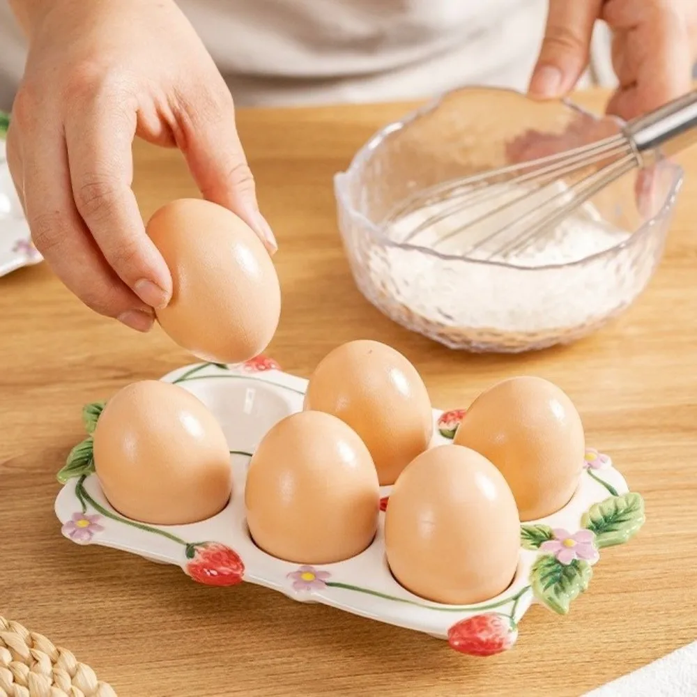 

6 Slot Ceramic Egg Holder Stackable Painted Strawberry Egg Storage Box Decorative Egg Container Art Egg Plate Countertop Display