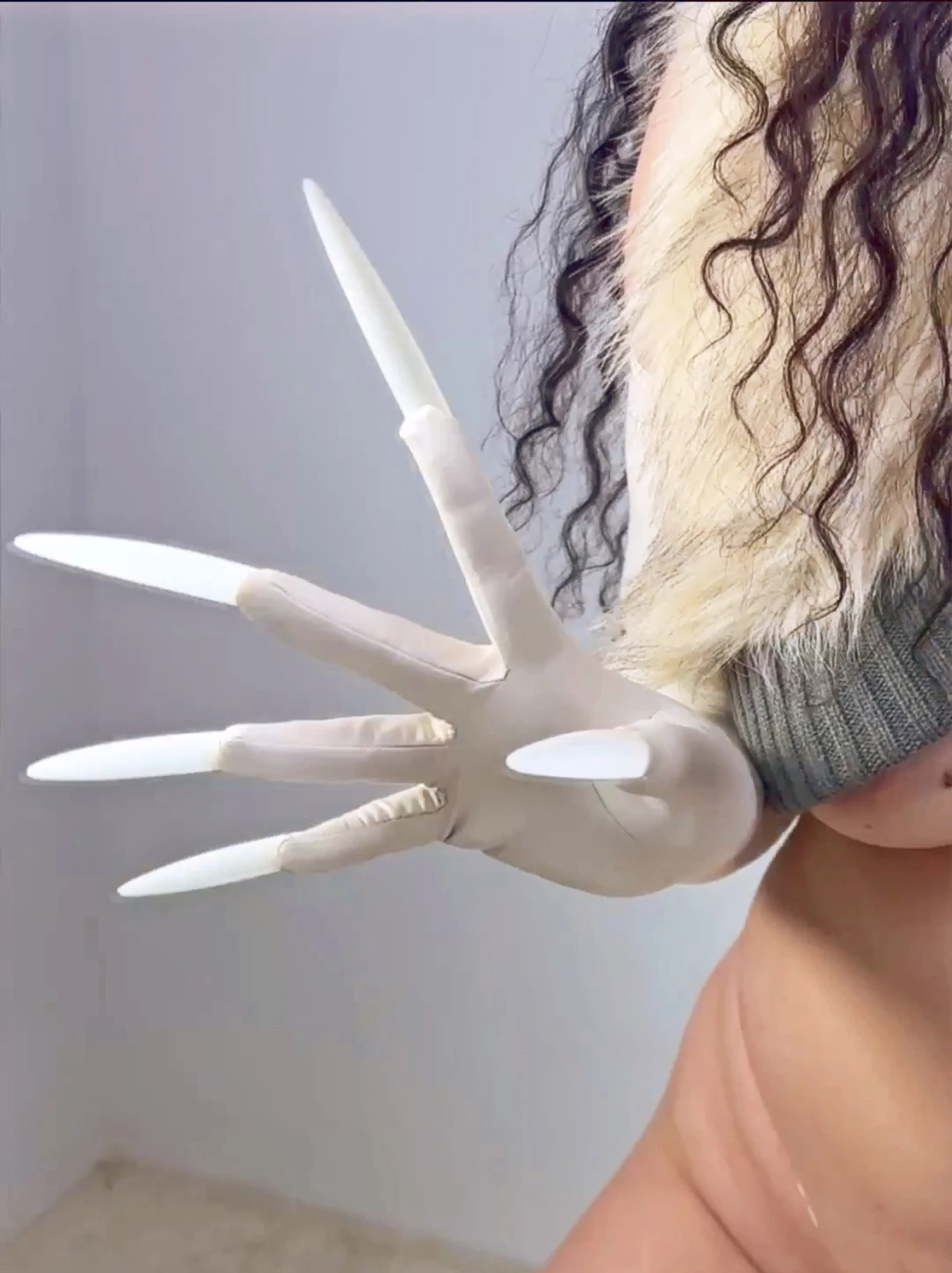 Pale White Latex GLOVES With Nails 70CM Long TECH Extra Thin Stretchy Faux Leather Rubber Nail GLOVES Cosplay Costume Halloween