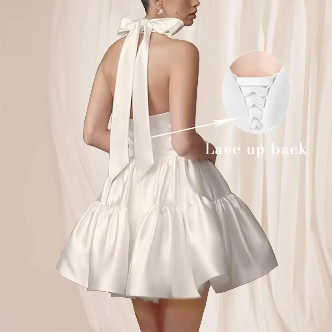Короткие атласные платья для встречи выпускников для подростков, вечернее платье без рукавов с бантом, простое женское коктейльное платье выше колена, мини
