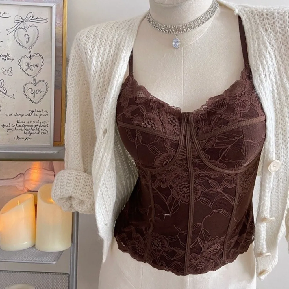 

Mesh Flower Slim Lace Crop Top Sweet Bottoming Shirt Girl's Vest Top Spicy Girls Style V Neck Camisole with Pads Women