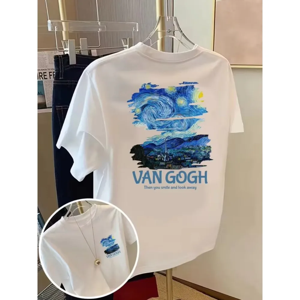 Van Gogh Starry Sky Oil Painting Tops Cute Printed Men and Women Same Sleeve T-shirt Summer Street Loose Round Neck Short Sleeve