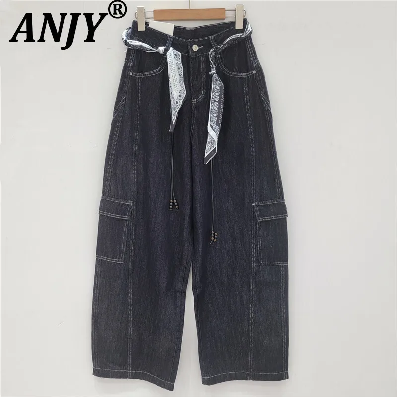

ANJY Autumn New Women Tide American Retro Jeans Multi-Pocket Denim Safari Style High Street Elegant Fashion Wide Leg Pants A9185