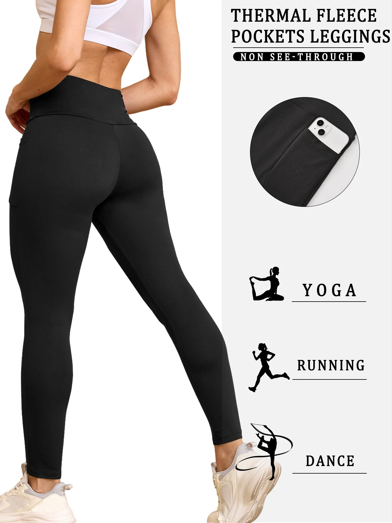 Dames thermische fleece gevoerde hoog getailleerde legging met zakken, workout winter warme dikke panty zachte yoga hardloopbroek