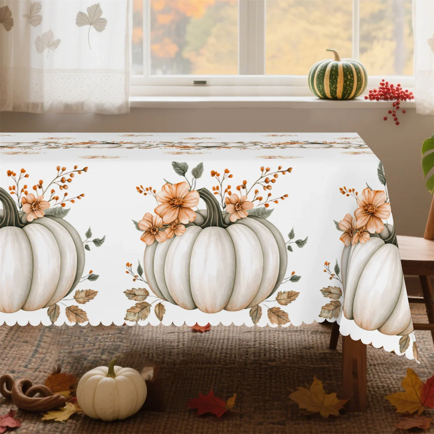White background pumpkin, flower and berry autumn tablecloth, 1 pack, suitable for Thanksgiving kitchen table. yzb