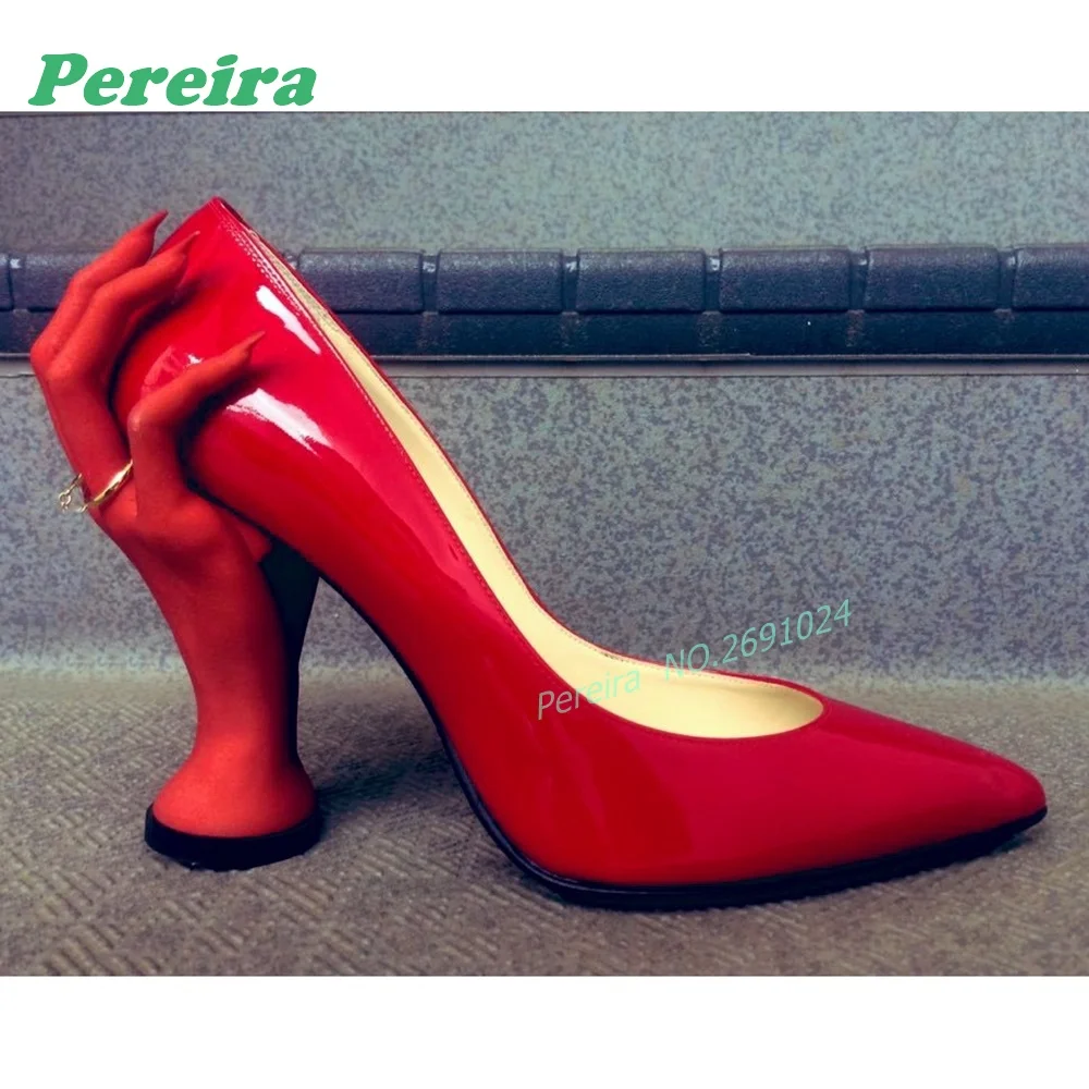 Red Patent Pointed Toe Pumps Unique Sculptural Hand Shaped Heel High Heel Shoes for Women Glossy Strange Style Luxury Pumps Sexy