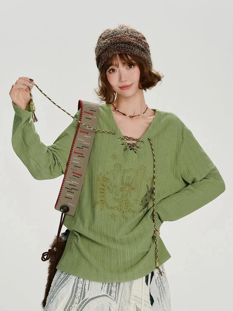 Harajuku Bandage T Shirt Women Vintage Streetwear Cartoon Print V Neck Tees Spring Long Sleeve Loose Casual Green Retro Tops New