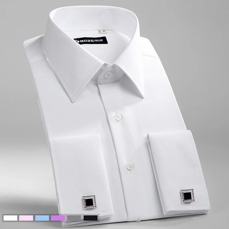 M~6XL Men's French Cuff Dress Shirt 2024New White Long Sleeve Formal Business Buttons Male Shirts Regular Fit Cufflinks Shirt