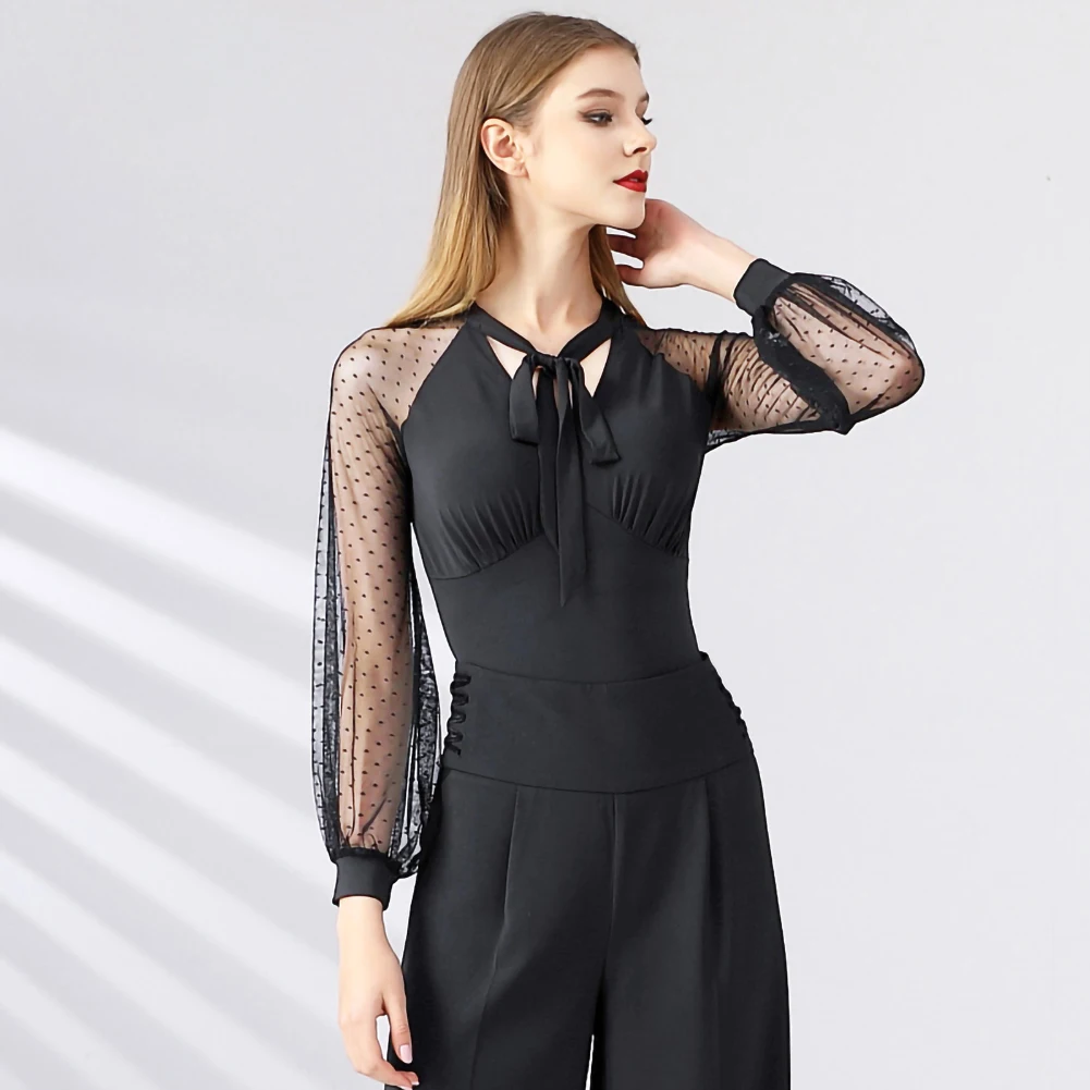 Samba Shirt Top Dancing V-neck Costume Women's jumpsuit wine red White Black Long Sleeve Prom Performance Shirt