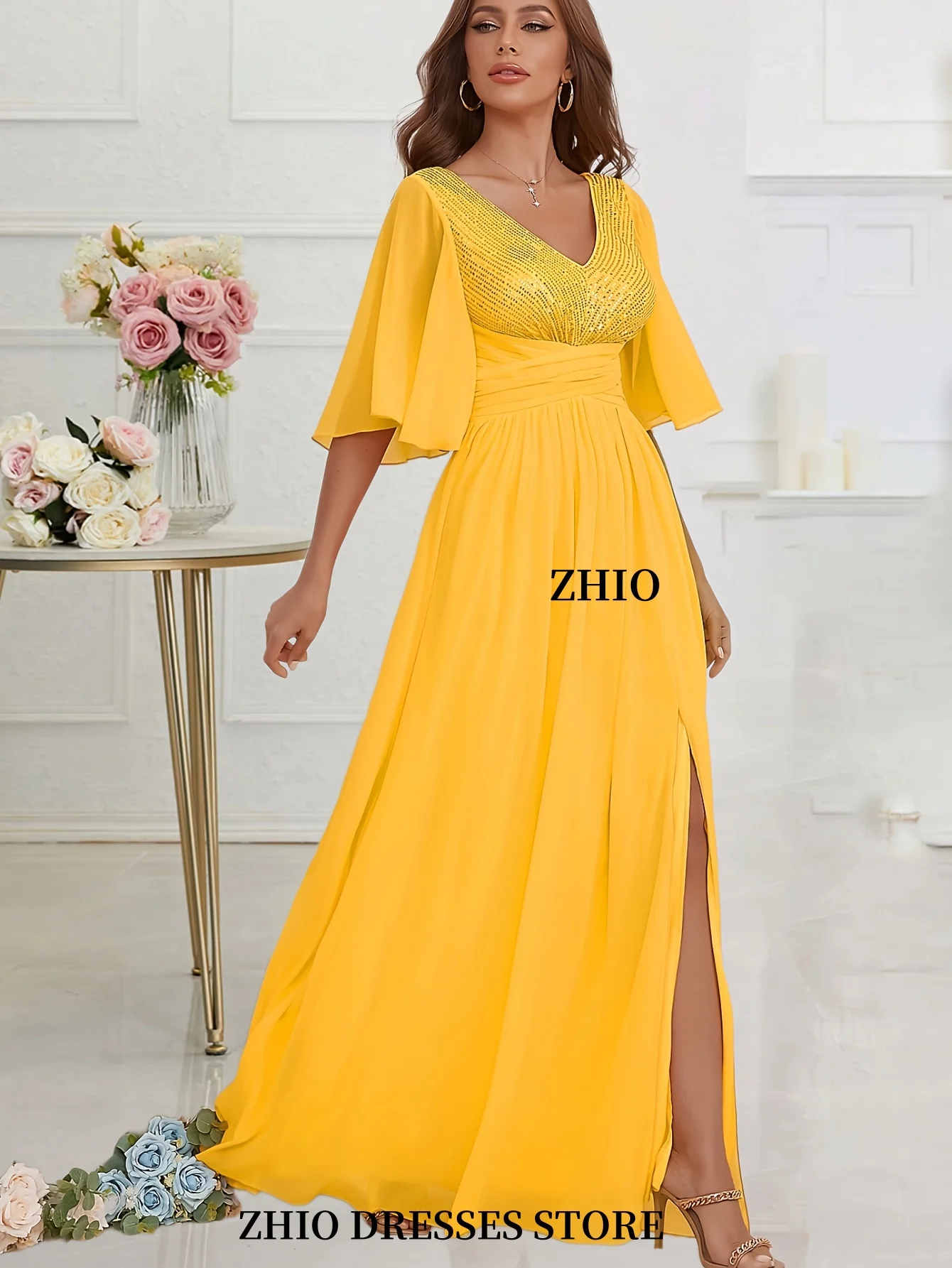 ZHIO أنيقة الأصفر الخامس الرقبة لامعة مطوي قصيرة الأكمام تنورة طويلة مع فجوة عالية الشيفون فستان سهرة رسمي عند الخصر مخصص