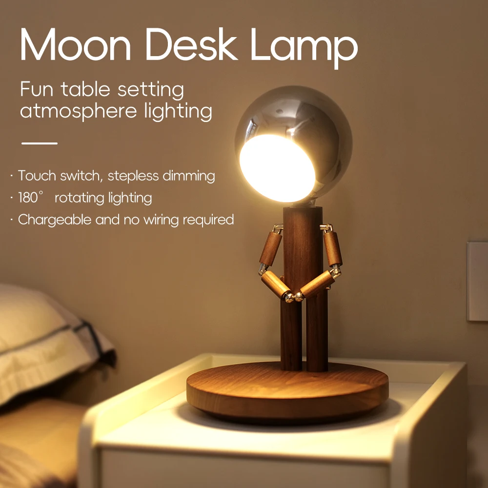 Wooden Robot Lamp Moon Penalty Station Table Lamp Creative Robot Shape Wooden Table Lamp Touch Control USB For Bedroom Desktop