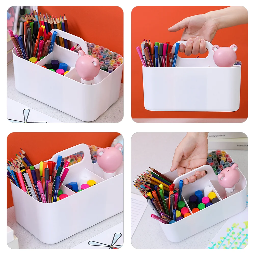 Storage Organizer Creative Divided Portable Desktop Box Marker Pen Watercolor Large Capacity Student Stationery White