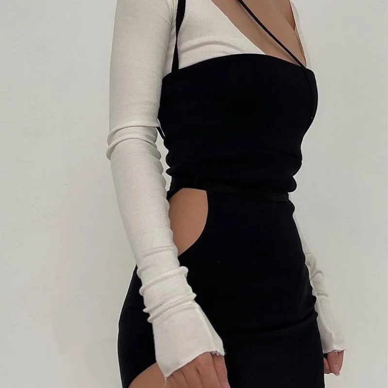 2023 Fashion Women's New goth Product Sexy Low-cut Hit Color Hollow Slit Tether Decoration Stitching Dress Summer Dress Women