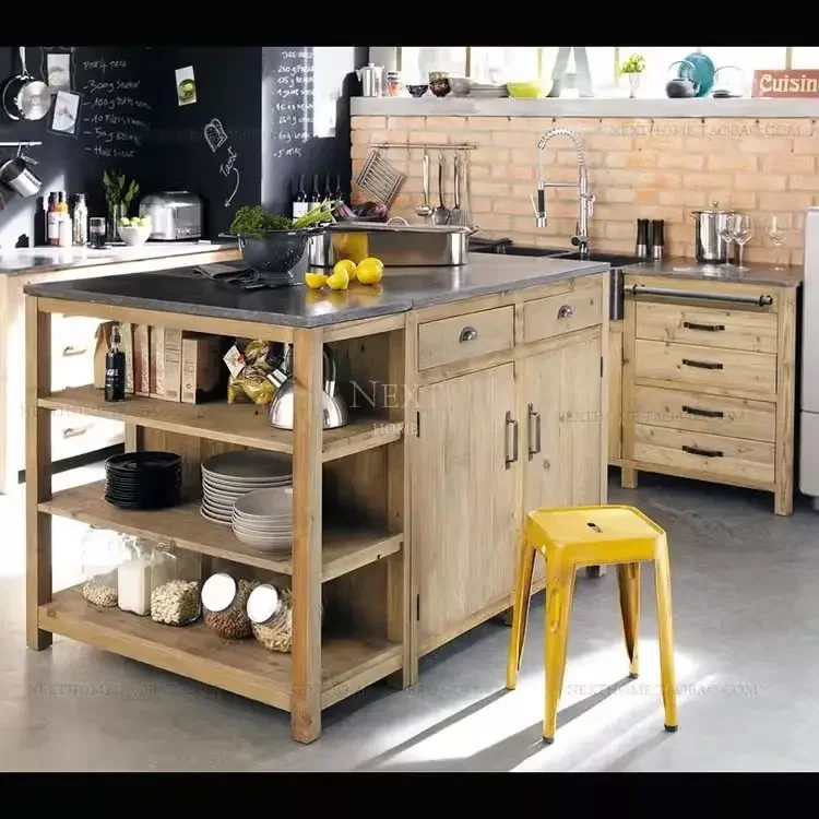 TAO American country solid wood rock slab middle island kitchen retro old console kitchen cabinet