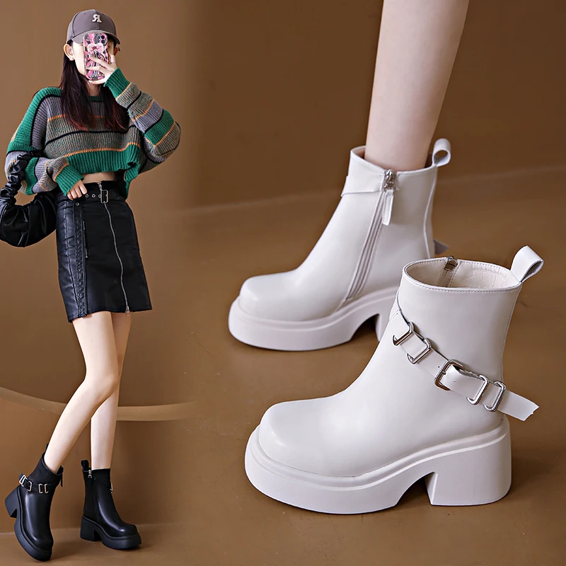 New 2024 Autumn Winter Round Toe Ladies Ankle Boots Women Fashion Chunky Heels Platform Boots  White Buckle Short Boots