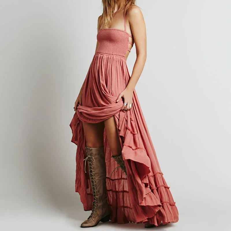 

Summer Fashion Vintage Strappy Back Party Backless Long Floor-Length Dress Women's Solid Color Sexy Beach Dress Holiday Strap