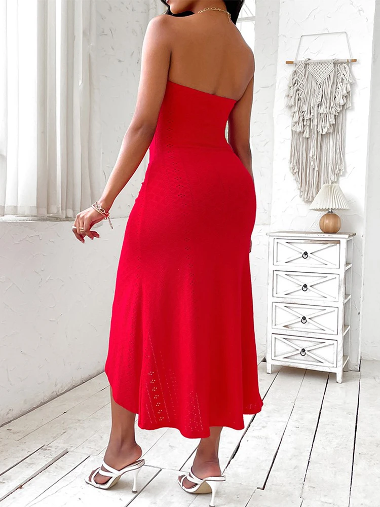 Eyelet Embroidery Bandeau Ruched Slit Casual Dress