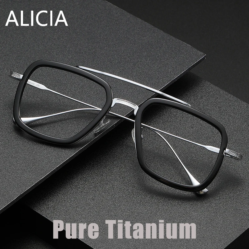 

ALICIA Man Woman Big Size Eyewear Fashion Retro Pure Titanium Pilot Double Bridge Glasses Optical Prescription Frames Luxury