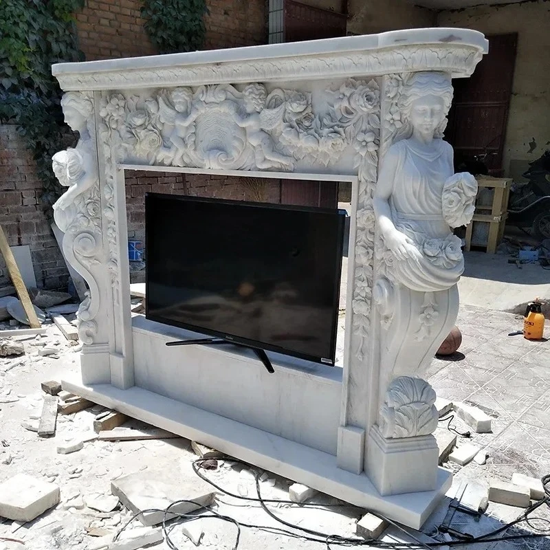 A European fireplace TV cabinet marble mantel stone carving carved TV cabinet stone