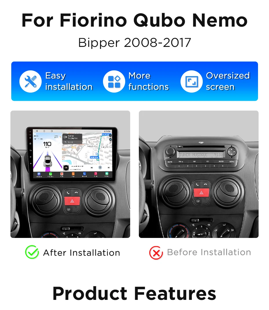 Junsun Wireless CarPlay Android Auto Radio für Fiat Fioririno Qubo, Citroen Nemo und Peugeot Bipper 2008-2017, Auto-Multimedia – Detail 6