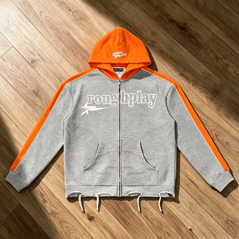 Streetwear Trend Rough Play Hoodie Vintage Casual Rhinestone Ripped Splice Color Blocked Zipper Pullover