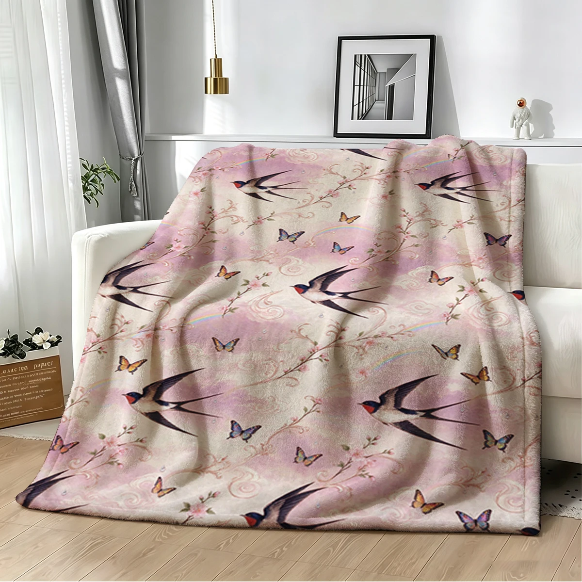 Swallow Cherry Ornate Frame Flannel Blanket Warm Soft Halloween Christmas Decorative Couch Warm Cozy All-Season Gift