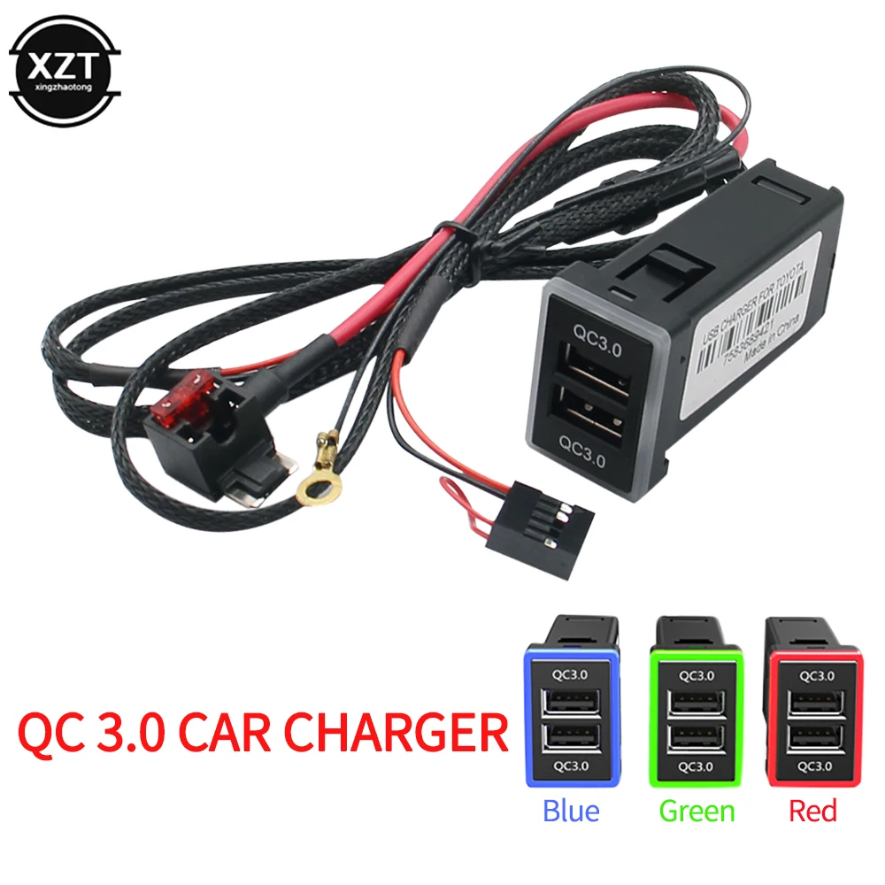 

QC3.0 Quickcharge Car Charger Dual USB Phone PDA DVR Adapter 1.2M Temperature Cable 10A Fuse Tab Terminal ForToyota