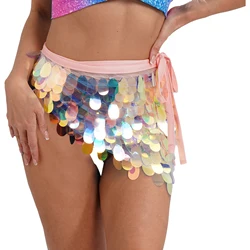 Womens Belly Dance Mini Skirt Sequin Mesh Lace-up Hip Scarf Wrap Skirts Halloween Festival Tango Cha-cha Performance Costume