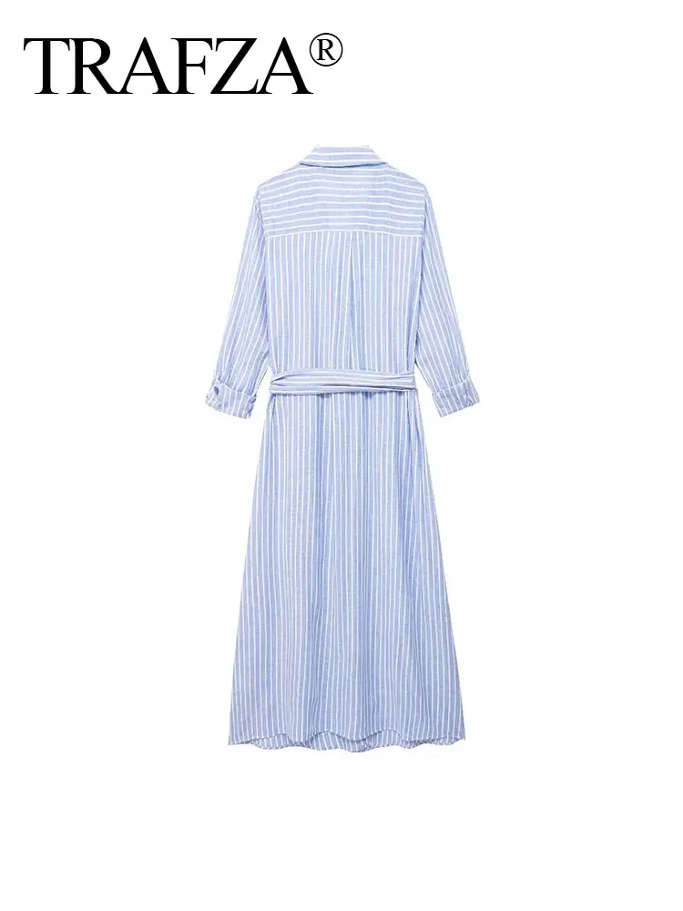 TRAFZA 2024 Female Commuter Shirt Dress Striped Long Sleeves Pocket Women's Casual Gentle With Belt Lapel Summer Elegant Dresses