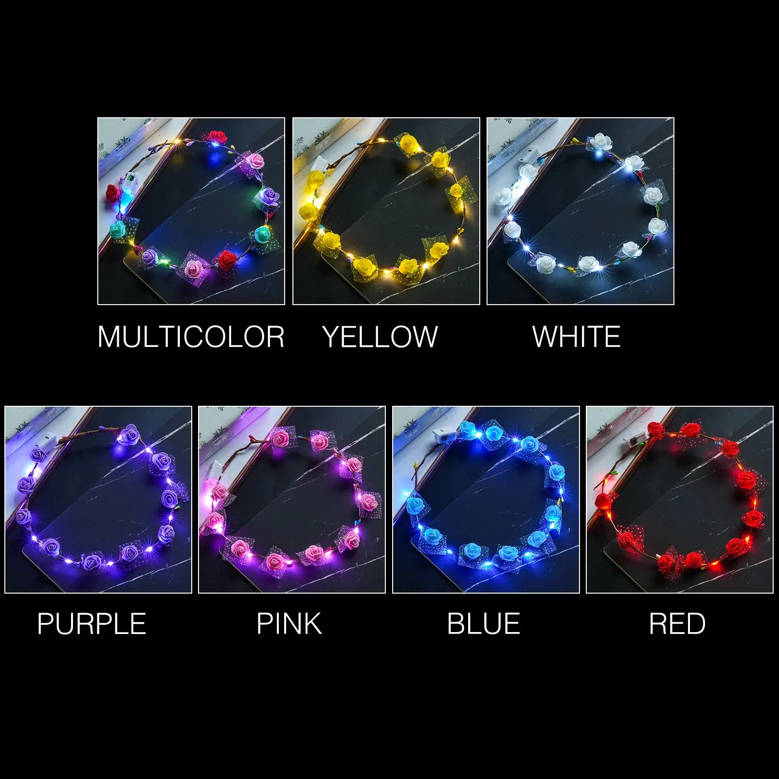 30Pcs/Set Flower Wreath Fashion Light Up Flower Crown Hair Wedding Wreath Floral Headpiece Party Favor Luminous Hair Hairband