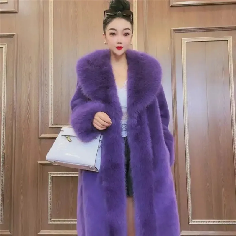 

Autumn Winter New High Quality Faux Big Fur Collar Coat Women Fashion Long Loose Thick Warm Jacket Clothes Female Overcoat H3300