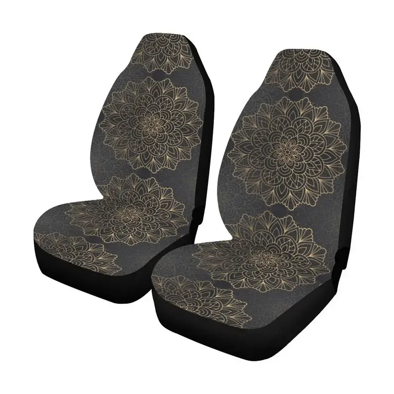 Black Mandala Boho Car Seat Covers 2 pc, Tribal Indian Pattern Bohemian Oriental Art Front Seat Covers, Car SUV Protector Access