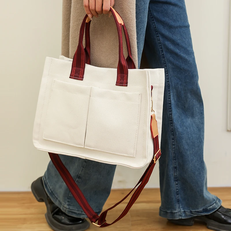 Heavy Duty Thick Canvas Shoulder Bags Female Mom Luxury Unique Crossbody HandBags Tote Shopping Bag with Pockets
