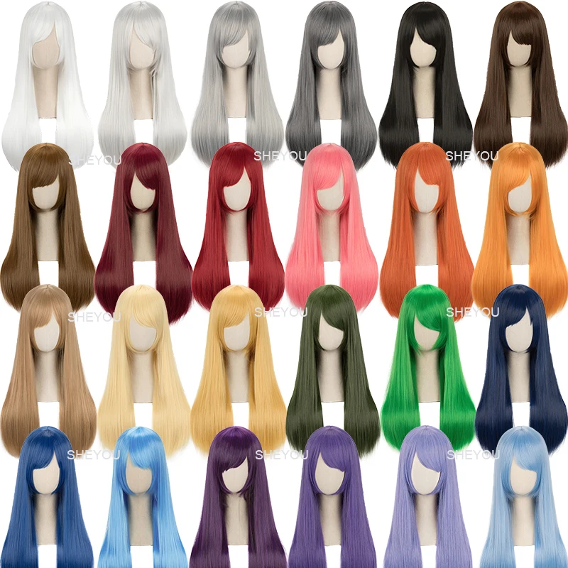 60cm Long Straight Cosplay Wig Heat Resistant Synthetic Hair Anime Party Lolita 48 Colors Colourful Solid Color Wigs + Wig Cap