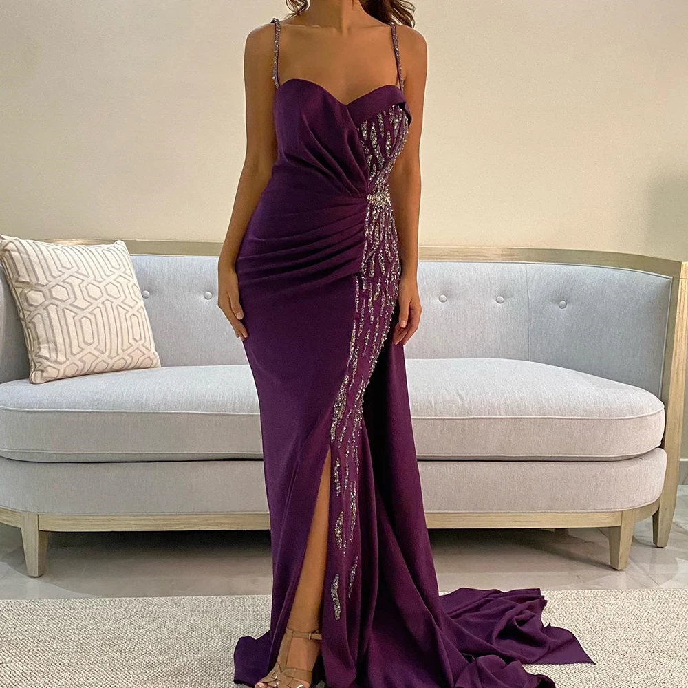 Customized Exquisite Panel Train Pleats Crystal Evening Dresses Temperament Mermaid Sweetheart Spaghetti Straps Party Gowns