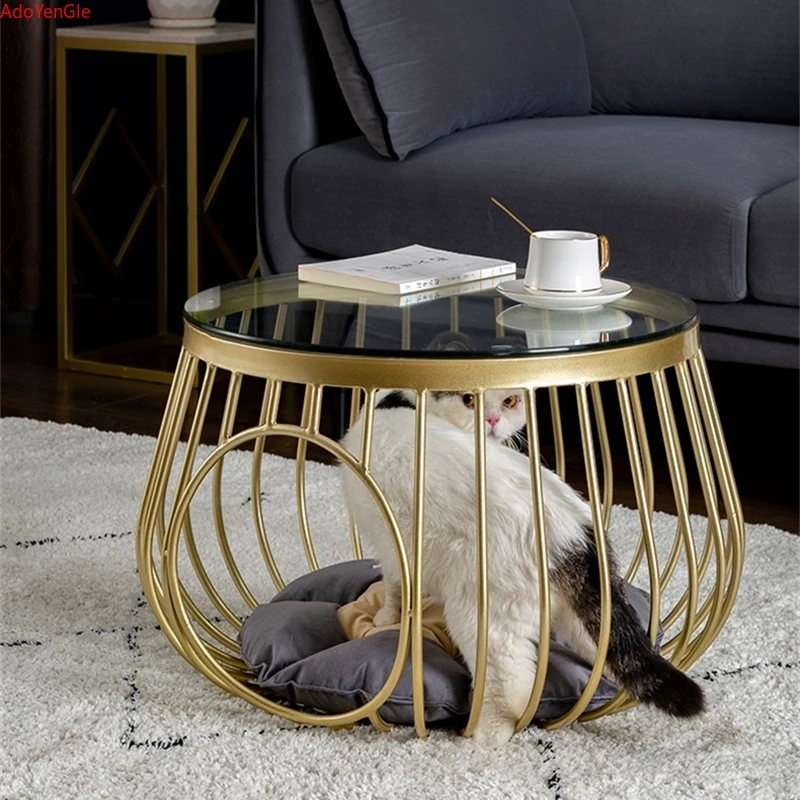 D60cm Creative Nordic Iron Tea Table Round Coffee Table for Living Room Furniture Bed Side Table Rock Plate Tables Cat House Bed