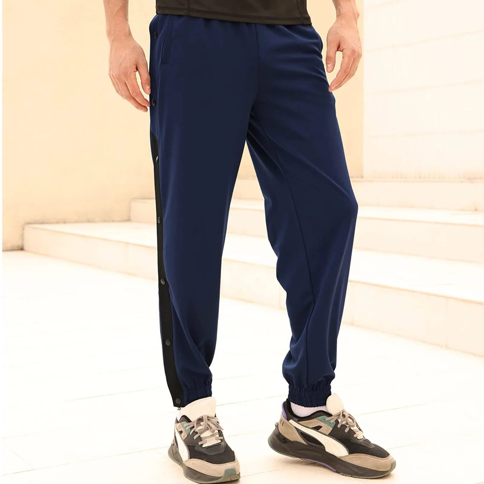 Sports Trousers Men\'s Casual Sweatpants Fashion Side-Opening Button-Down Pants Fashion Elastic Waist Pants Pantalones Hombre