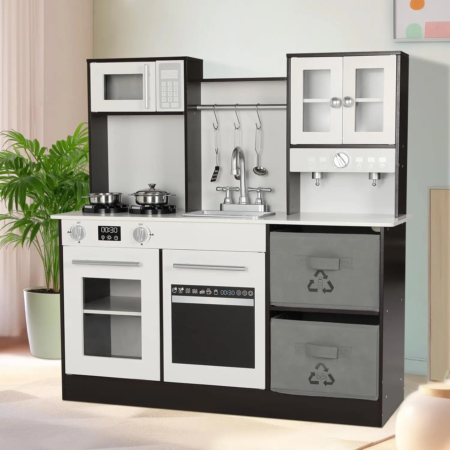 Kinderspeelkeuken, Houten Speelgoedkeuken, Toodler Kookspeelset, Fornuis Met Licht En Geluid, Gootsteen, Magnetron, 2 Stoffen Dozen, D