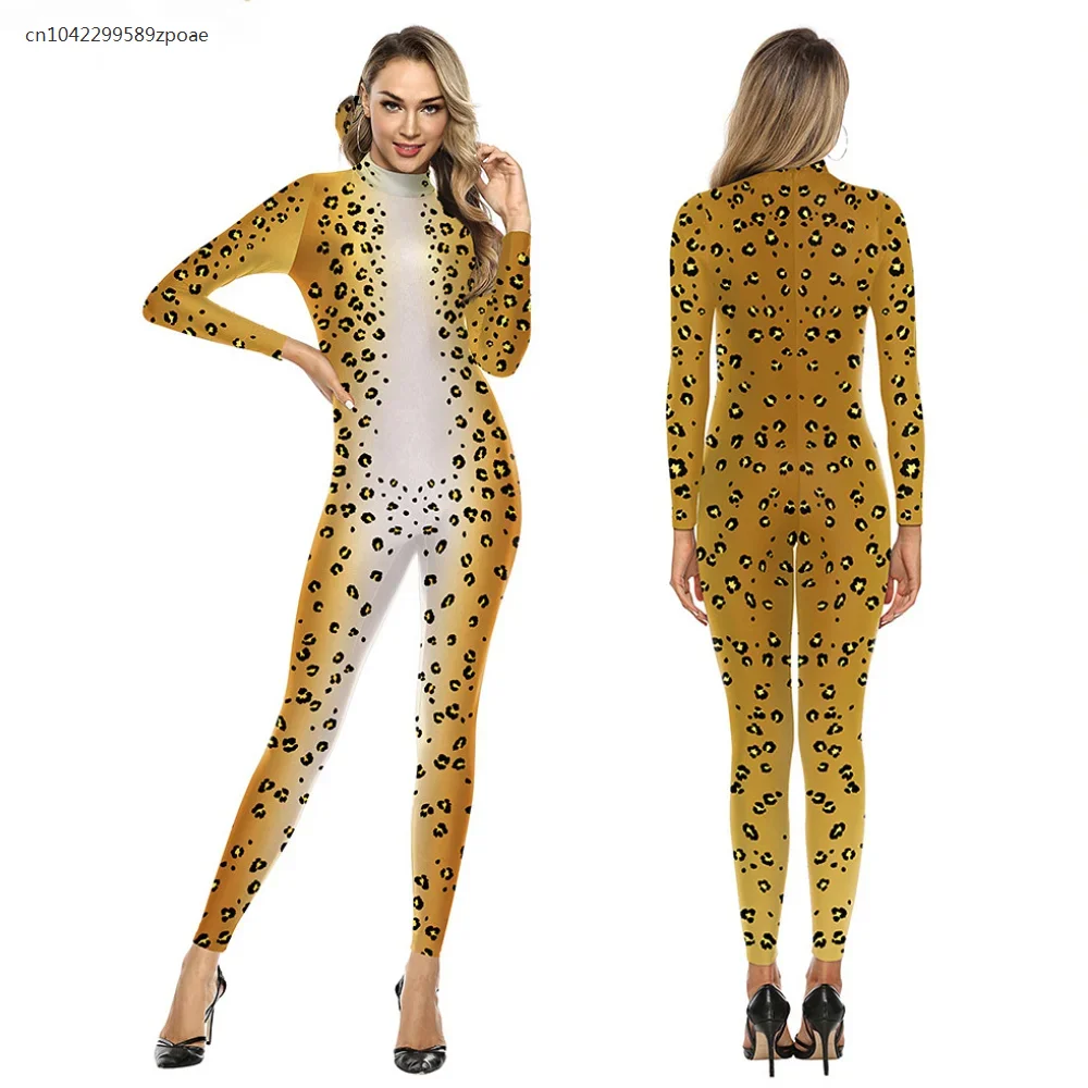 Disfraz de Halloween para mujer, mono elástico con estampado de leopardo y Animal, monos de LICRA Zentai para fiesta