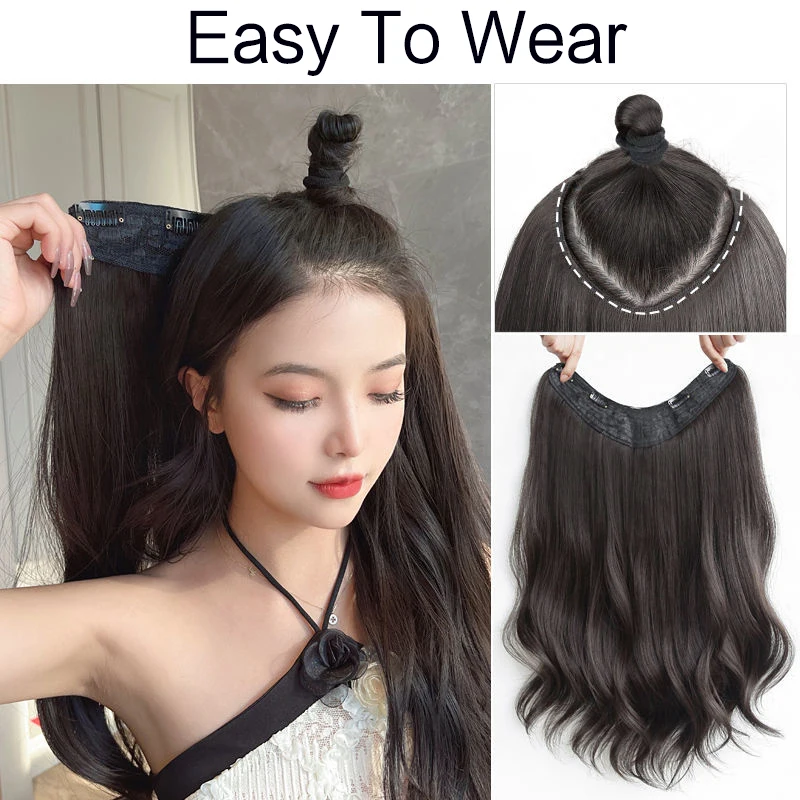 Aosiwig Synthetic Long Hair Extension Clip In Hair One Piece V-shaped Wavy Straight Black Natural Fake Hairpiece For Women