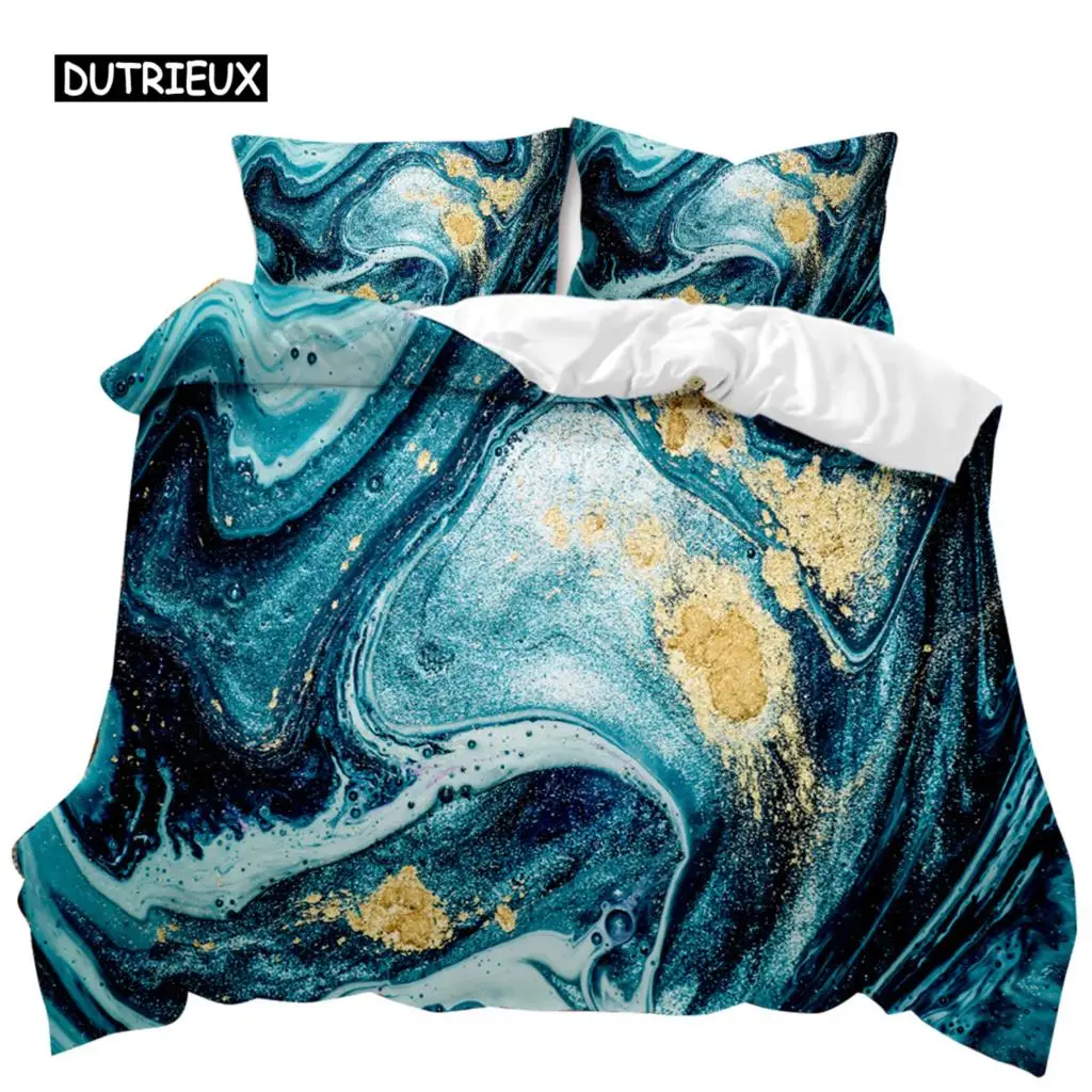 Marble Duvet Cover Set Marble Bedding Set Blue Gold Abstract Texture Kid Bedclothes Double Queen King Size Polyester Quilt Cover