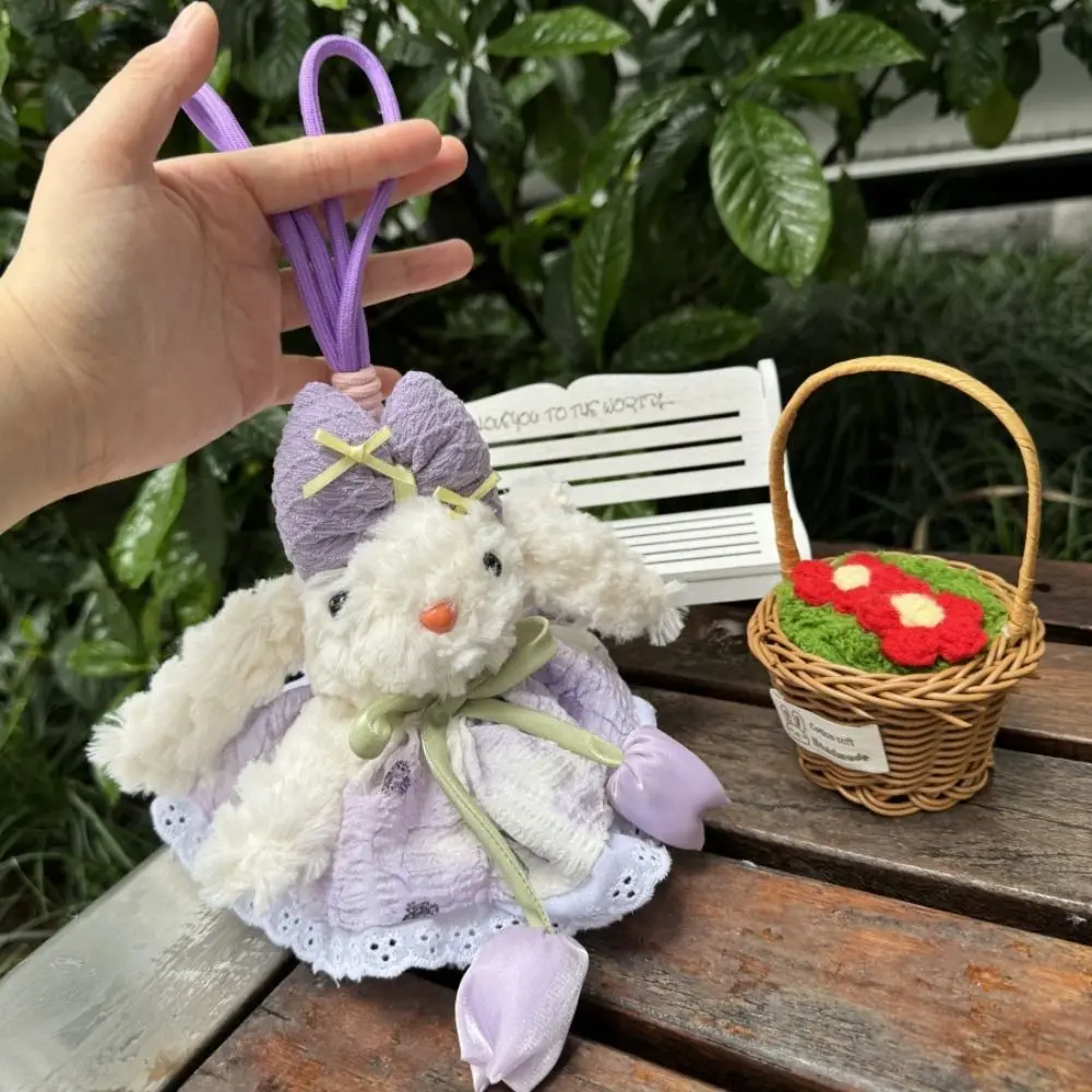 Bow Knot Bow Plush Rabbit Keychain Stuffed Cartoon Rabbit Doll Keyring Tulip Soft Plush Rabbit Keychain Backpack Decor
