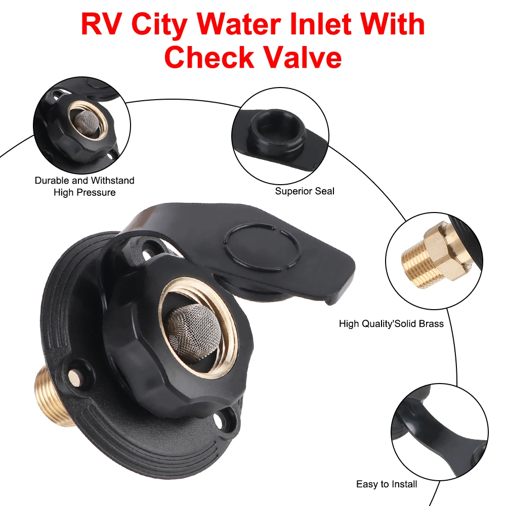 RV White RV City Water Inlet City Water Fill Inlet Flange with Check Valve Brass RV Water Inlet Replacement for Camper